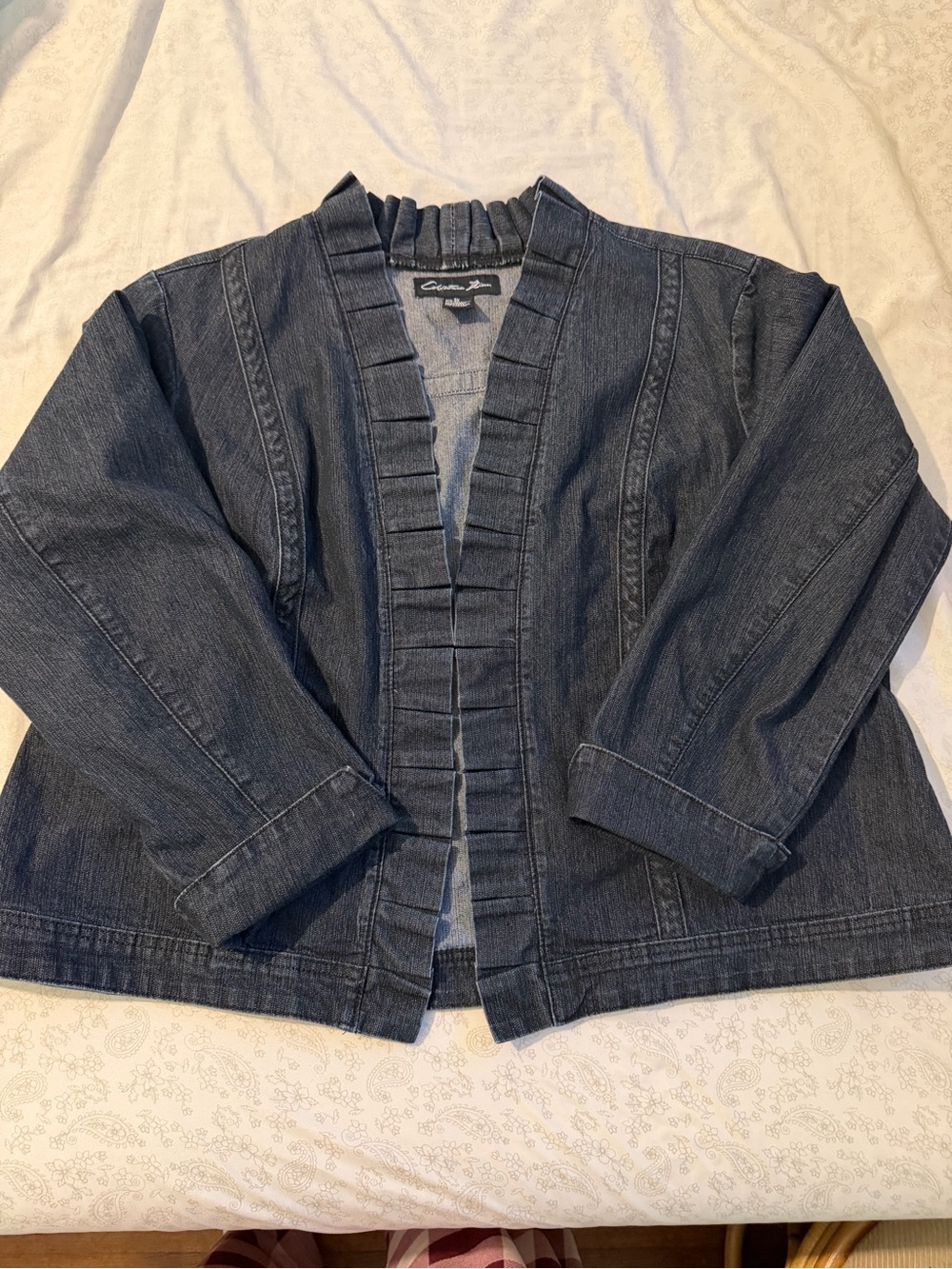Christina Indigo Ruffle-Trim Open Denim Jacket